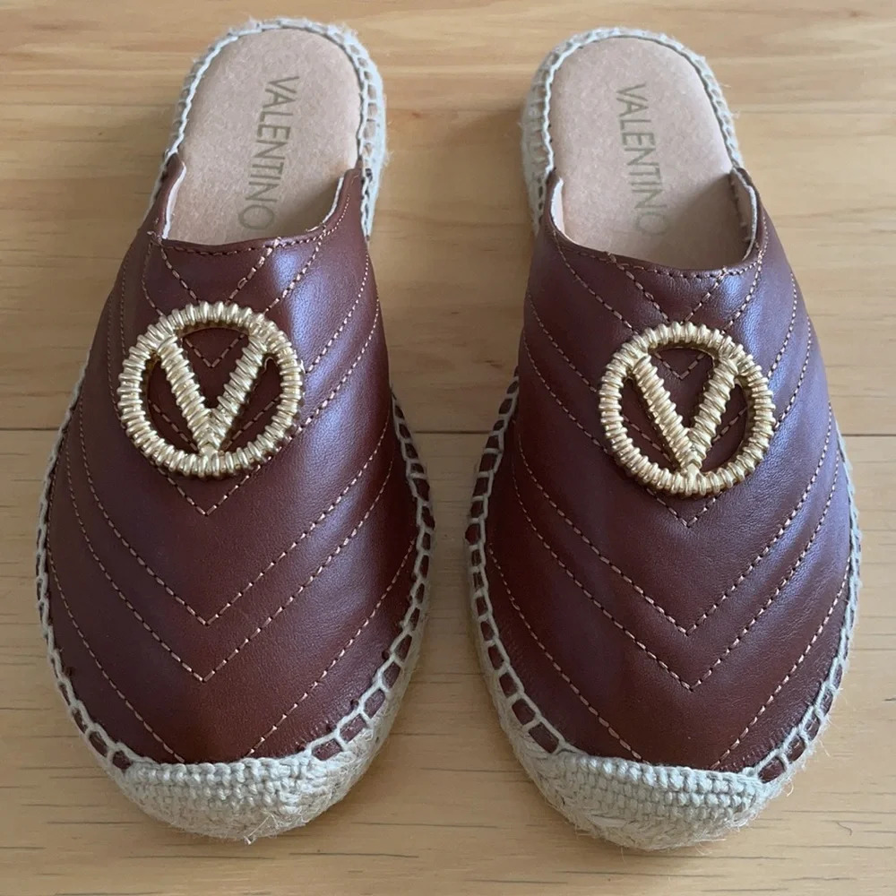 Valentino Brown Leather Espadrille Mules with Gold Logo